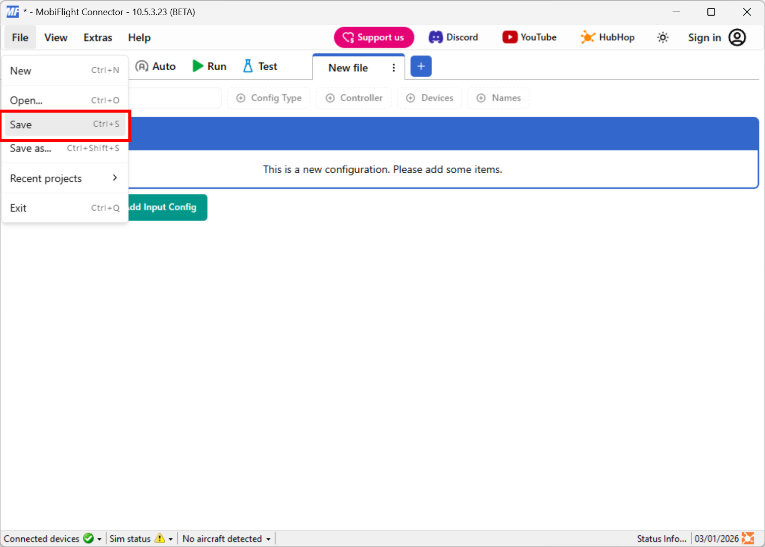 Screenshot of the main MobiFlight window with the File > Save menu highlighted.