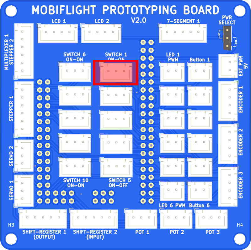 Photo of a prototype board with the connection for the micro-switches highlighted.