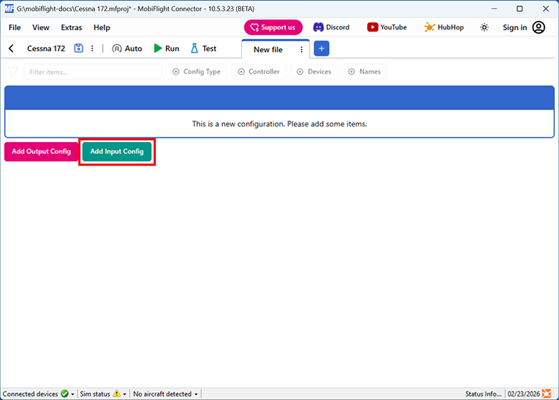 Screenshot of the main window with the Add Input Config button highlighted.